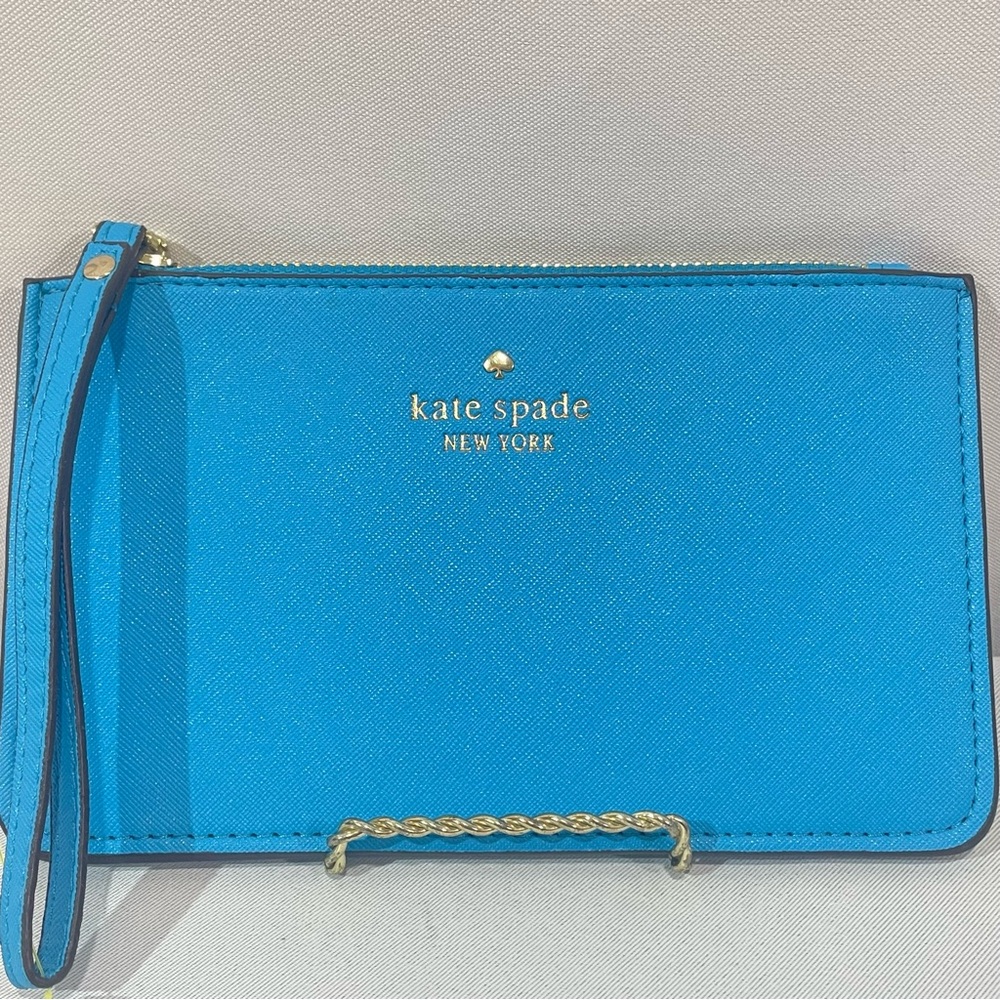 Kate Spade Leather Wristlet Top Zip Bright Blue With Gold Color Logo 5x8 in